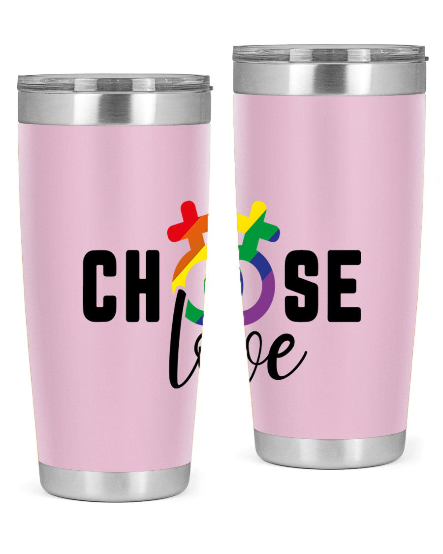 A vibrant chooselove 149# LGBT Tumbler showcasing its double wall stainless steel design and colorful print.