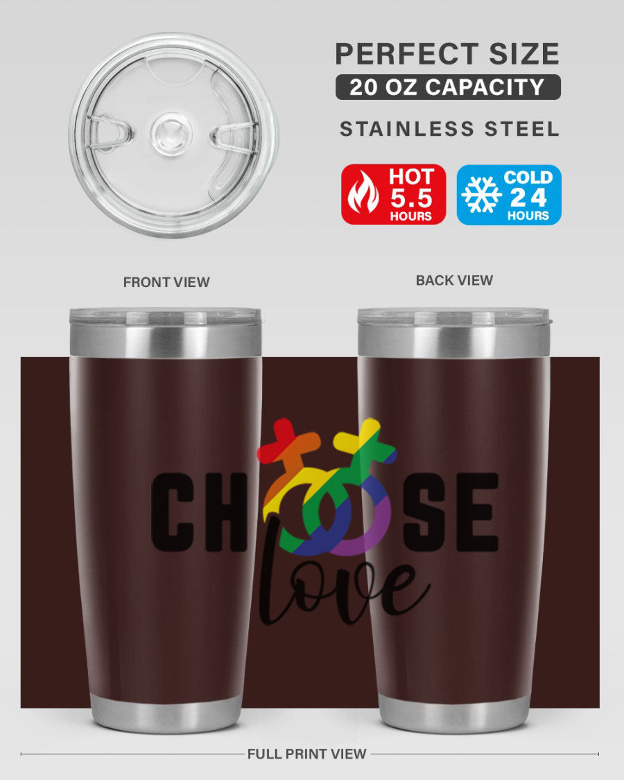 A vibrant chooselove 149# LGBT Tumbler showcasing its double wall stainless steel design and colorful print.