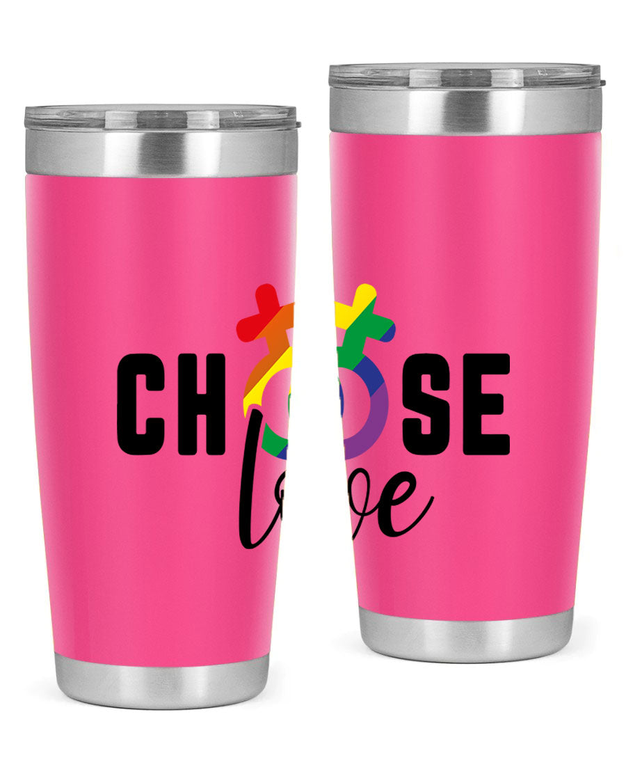 A vibrant chooselove 149# LGBT Tumbler showcasing its double wall stainless steel design and colorful print.