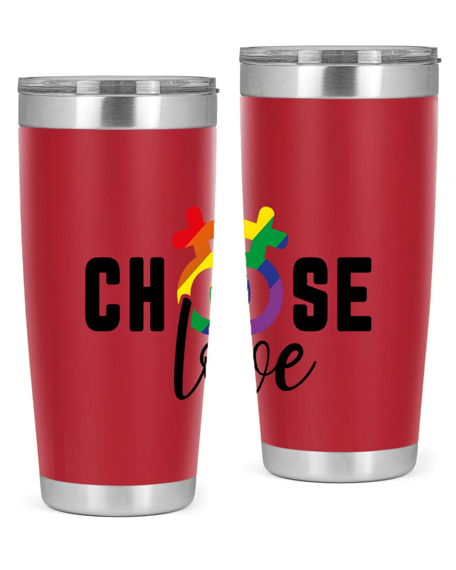A vibrant chooselove 149# LGBT Tumbler showcasing its double wall stainless steel design and colorful print.