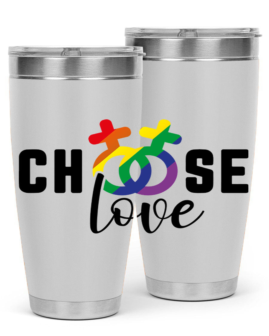 A vibrant chooselove 149# LGBT Tumbler showcasing its double wall stainless steel design and colorful print.