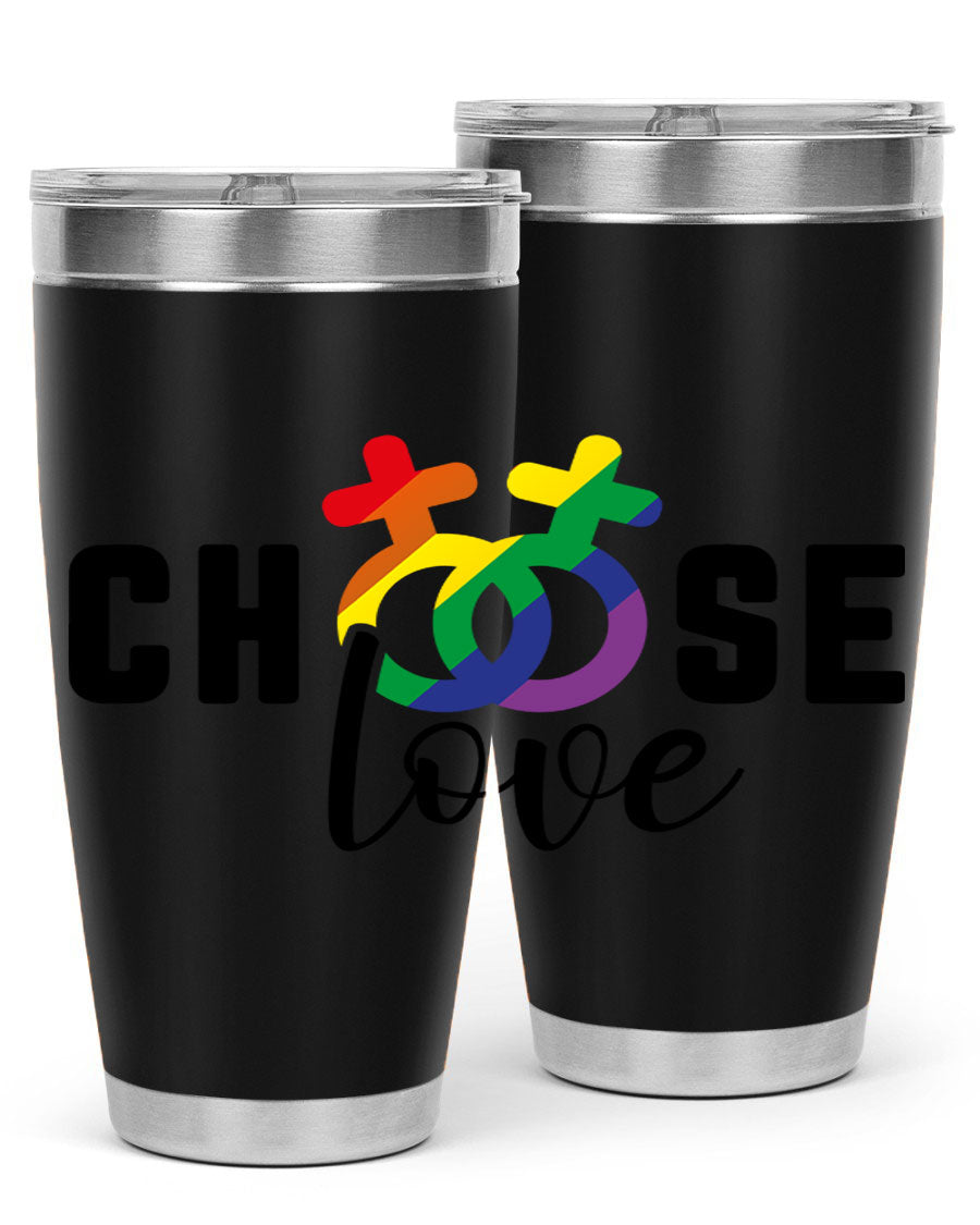 A vibrant chooselove 149# LGBT Tumbler showcasing its double wall stainless steel design and colorful print.