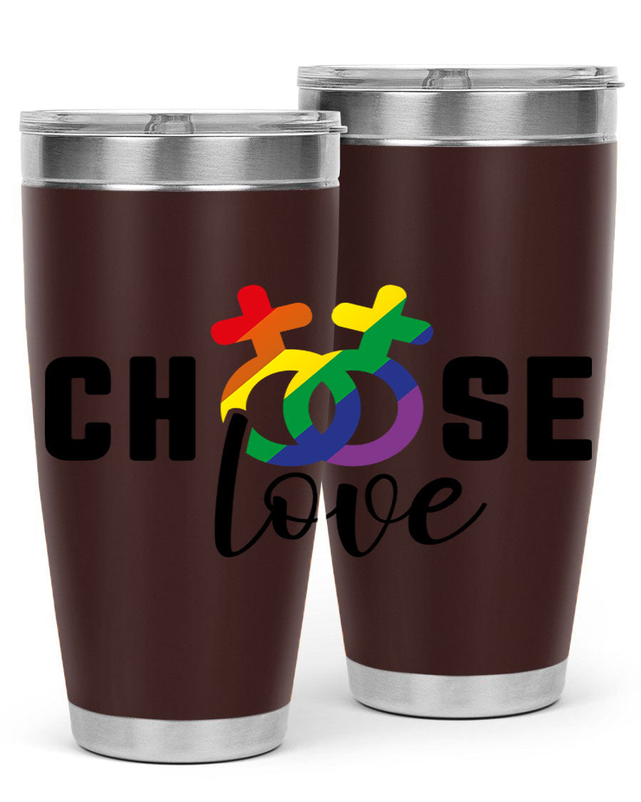 A vibrant chooselove 149# LGBT Tumbler showcasing its double wall stainless steel design and colorful print.