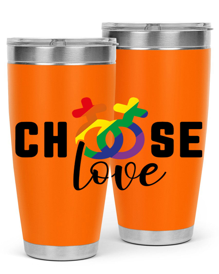 A vibrant chooselove 149# LGBT Tumbler showcasing its double wall stainless steel design and colorful print.