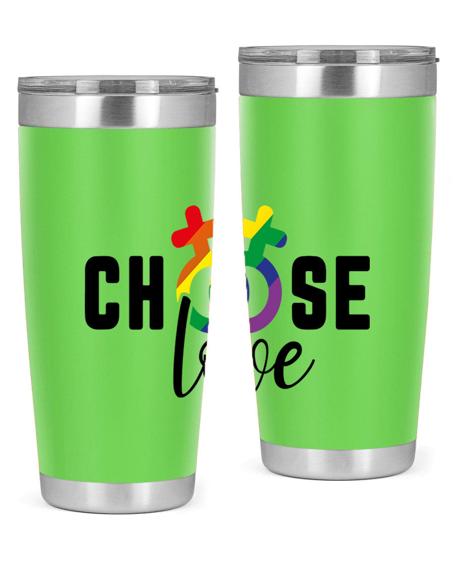 A vibrant chooselove 149# LGBT Tumbler showcasing its double wall stainless steel design and colorful print.