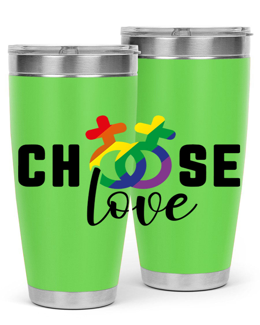 A vibrant chooselove 149# LGBT Tumbler showcasing its double wall stainless steel design and colorful print.