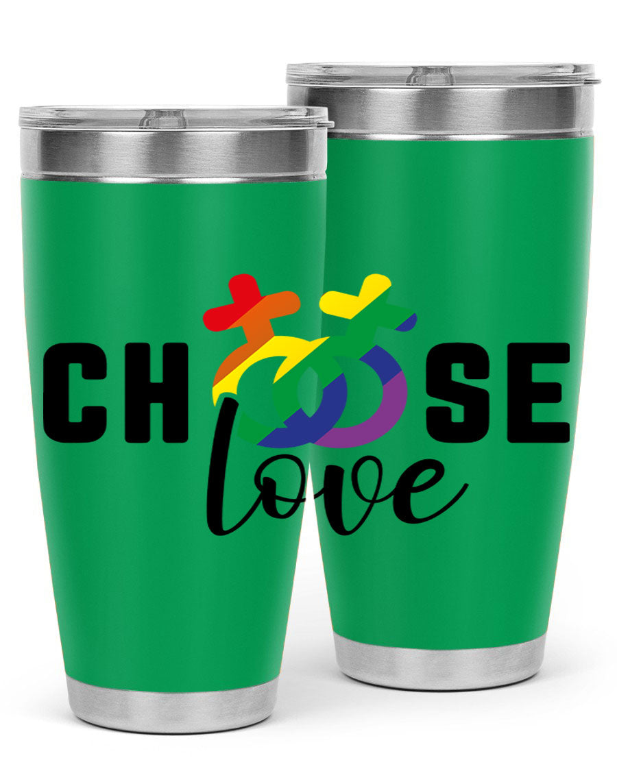 A vibrant chooselove 149# LGBT Tumbler showcasing its double wall stainless steel design and colorful print.