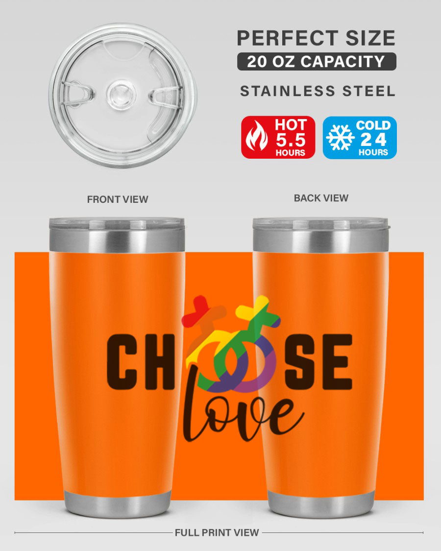 A vibrant chooselove 149# LGBT Tumbler showcasing its double wall stainless steel design and colorful print.