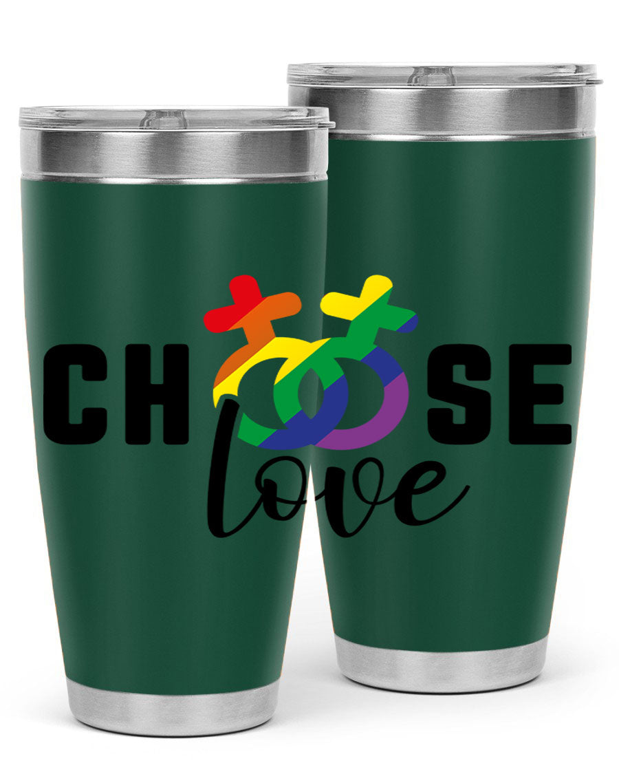 A vibrant chooselove 149# LGBT Tumbler showcasing its double wall stainless steel design and colorful print.