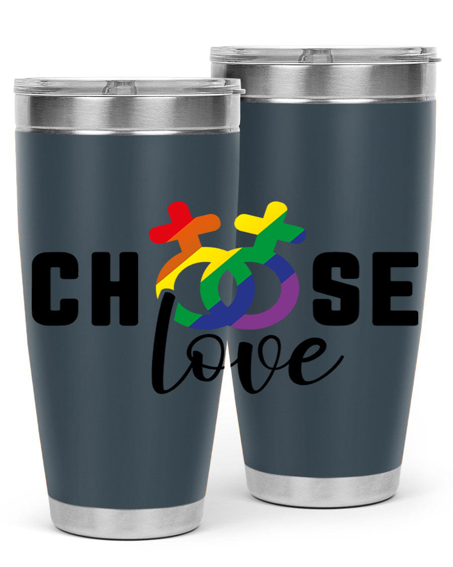 A vibrant chooselove 149# LGBT Tumbler showcasing its double wall stainless steel design and colorful print.