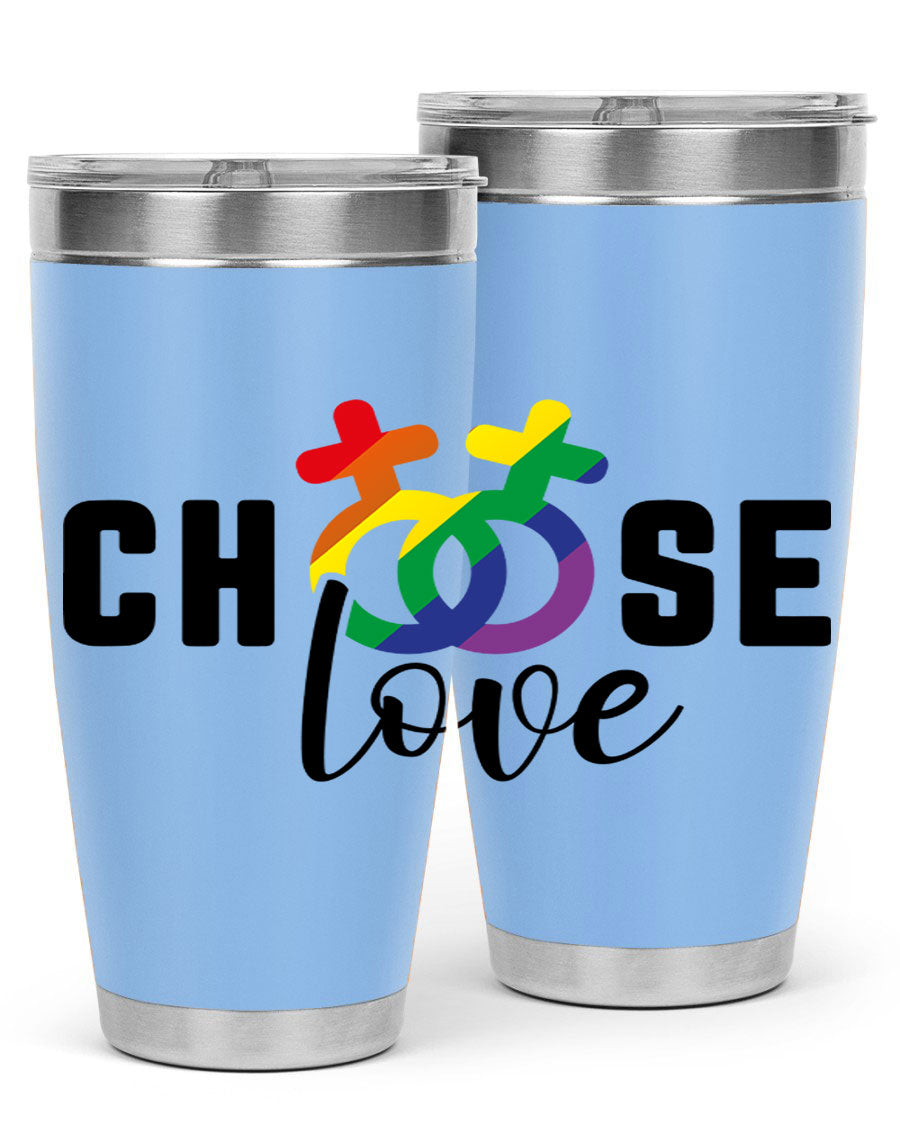 A vibrant chooselove 149# LGBT Tumbler showcasing its double wall stainless steel design and colorful print.