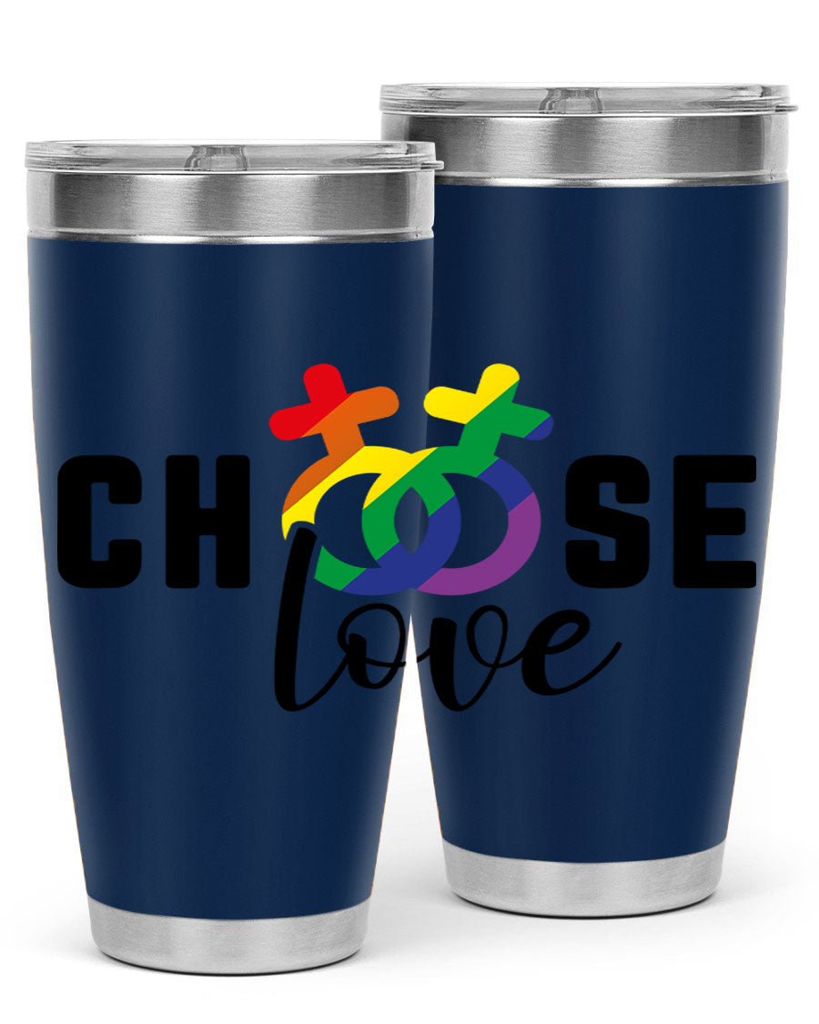 A vibrant chooselove 149# LGBT Tumbler showcasing its double wall stainless steel design and colorful print.