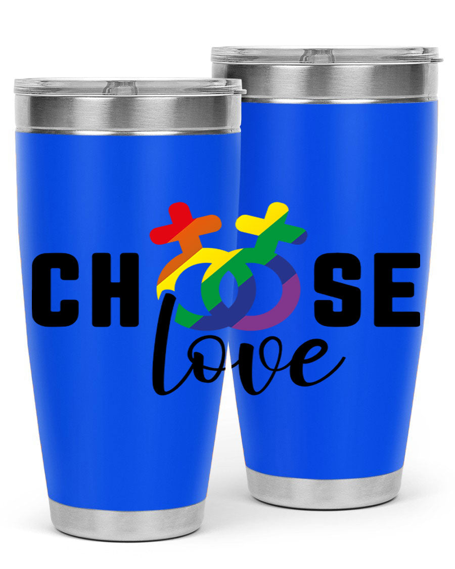 A vibrant chooselove 149# LGBT Tumbler showcasing its double wall stainless steel design and colorful print.