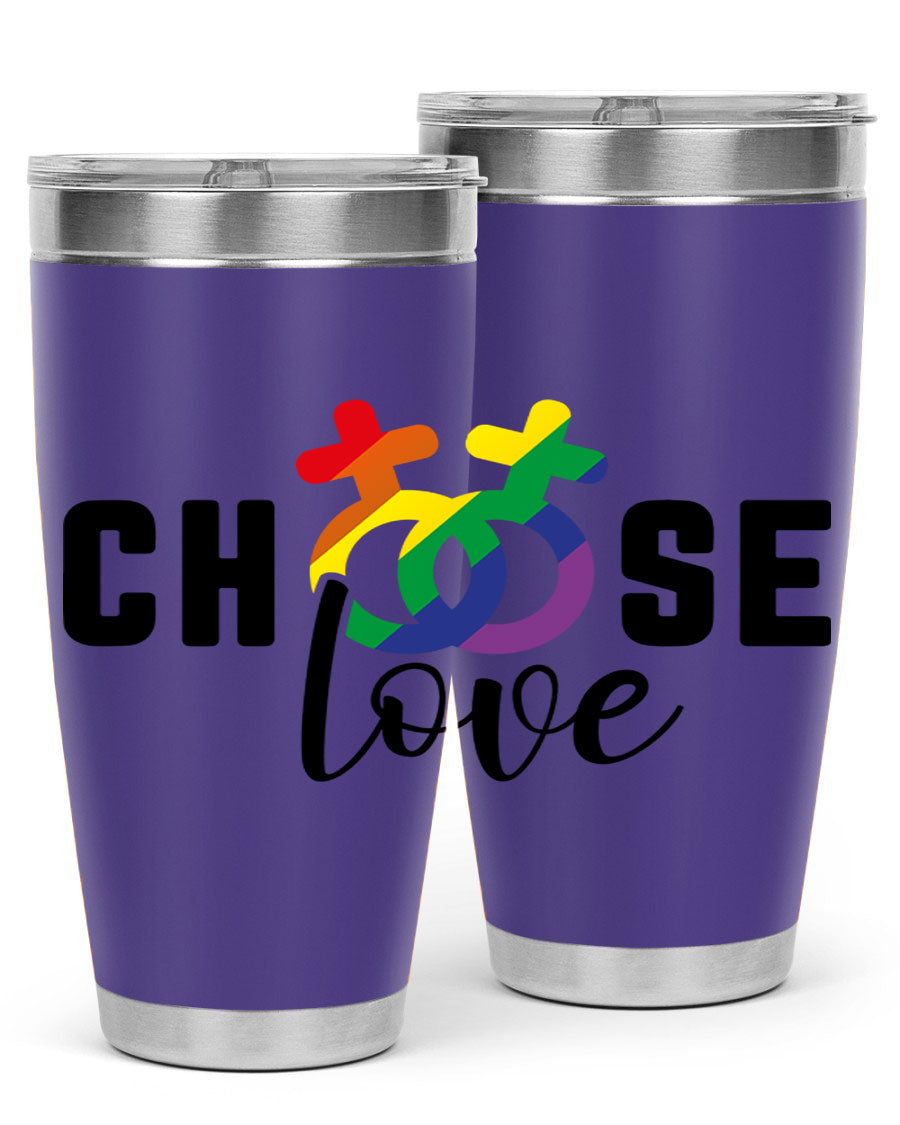 A vibrant chooselove 149# LGBT Tumbler showcasing its double wall stainless steel design and colorful print.