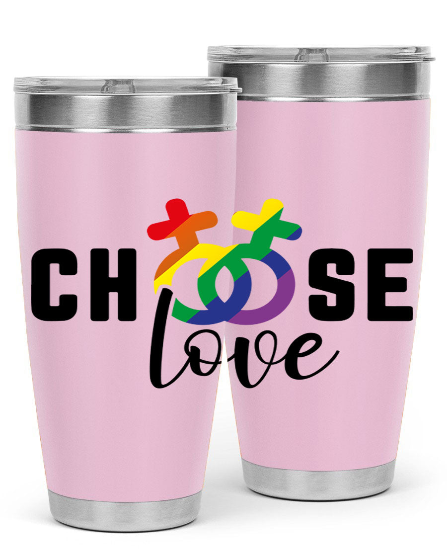A vibrant chooselove 149# LGBT Tumbler showcasing its double wall stainless steel design and colorful print.