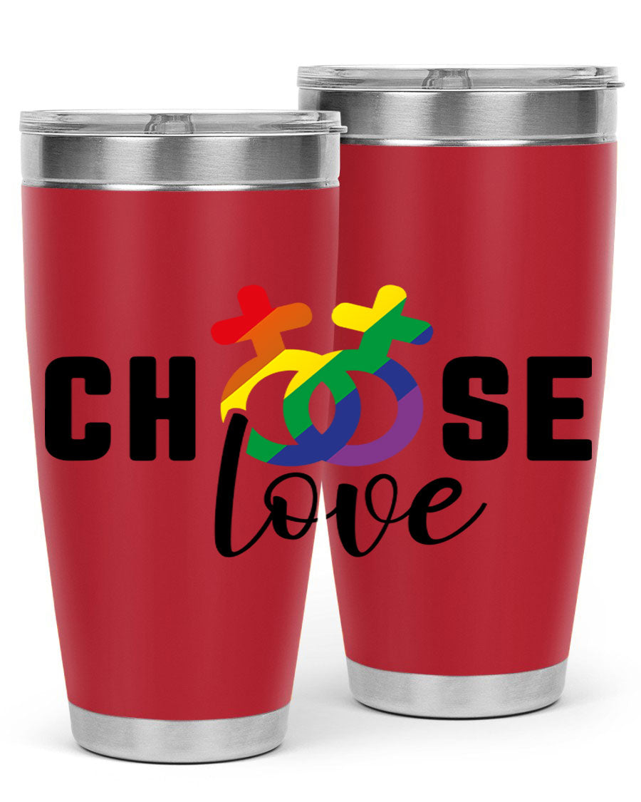 A vibrant chooselove 149# LGBT Tumbler showcasing its double wall stainless steel design and colorful print.