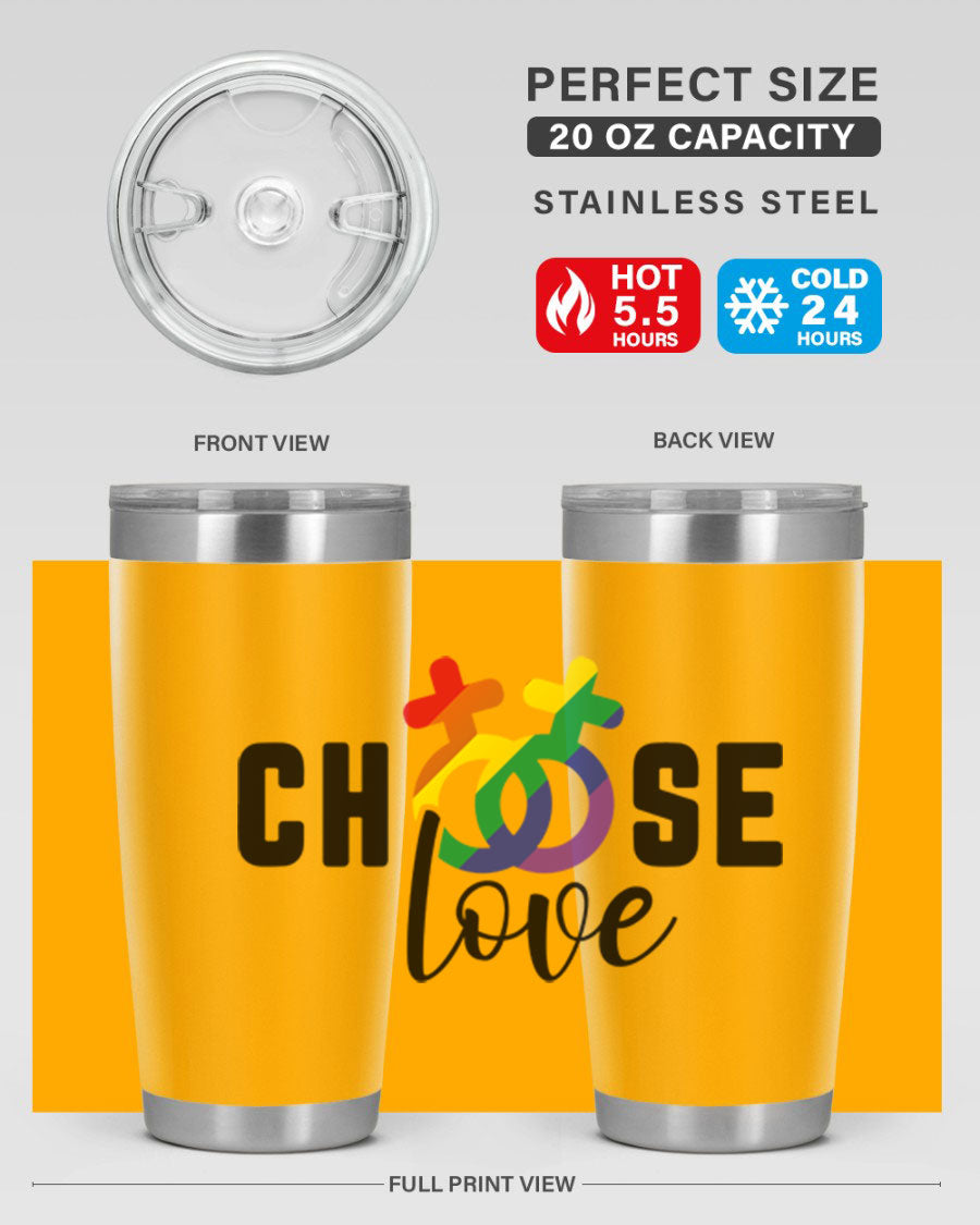 A vibrant chooselove 149# LGBT Tumbler showcasing its double wall stainless steel design and colorful print.