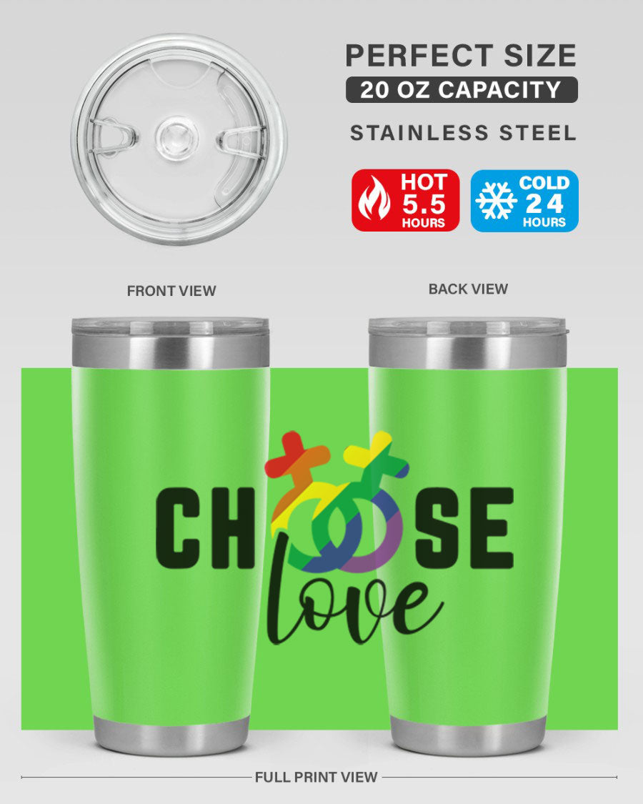 A vibrant chooselove 149# LGBT Tumbler showcasing its double wall stainless steel design and colorful print.