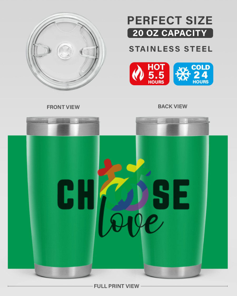 A vibrant chooselove 149# LGBT Tumbler showcasing its double wall stainless steel design and colorful print.