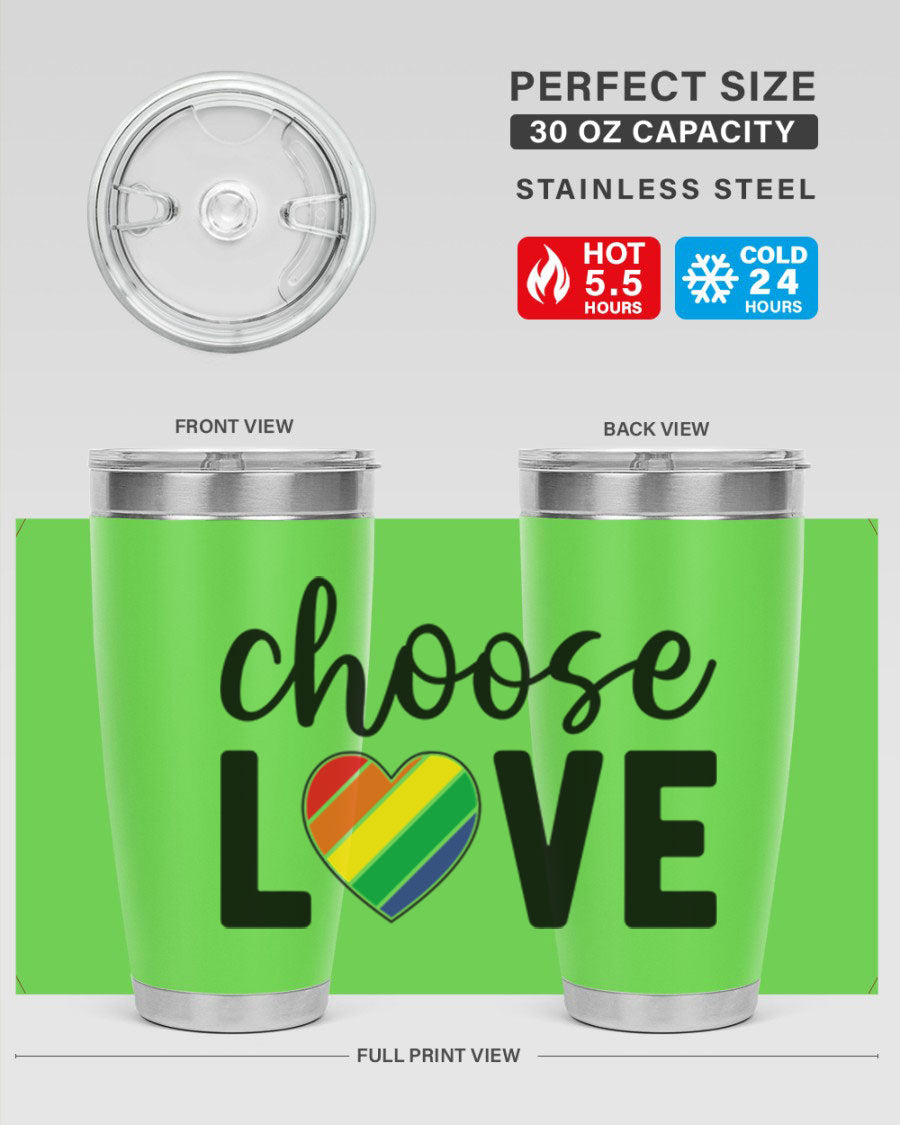 A vibrant chooselove 150# LGBT tumbler showcasing its double wall vacuum stainless steel design, perfect for hot and cold beverages.
