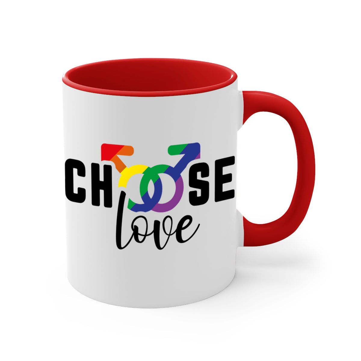 A vibrant chooselove 151# LGBT Mug featuring a colored handle and interior, showcasing a glossy finish, perfect for coffee or tea.