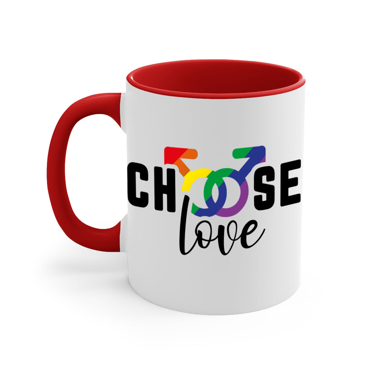 A vibrant chooselove 151# LGBT Mug featuring a colored handle and interior, showcasing a glossy finish, perfect for coffee or tea.