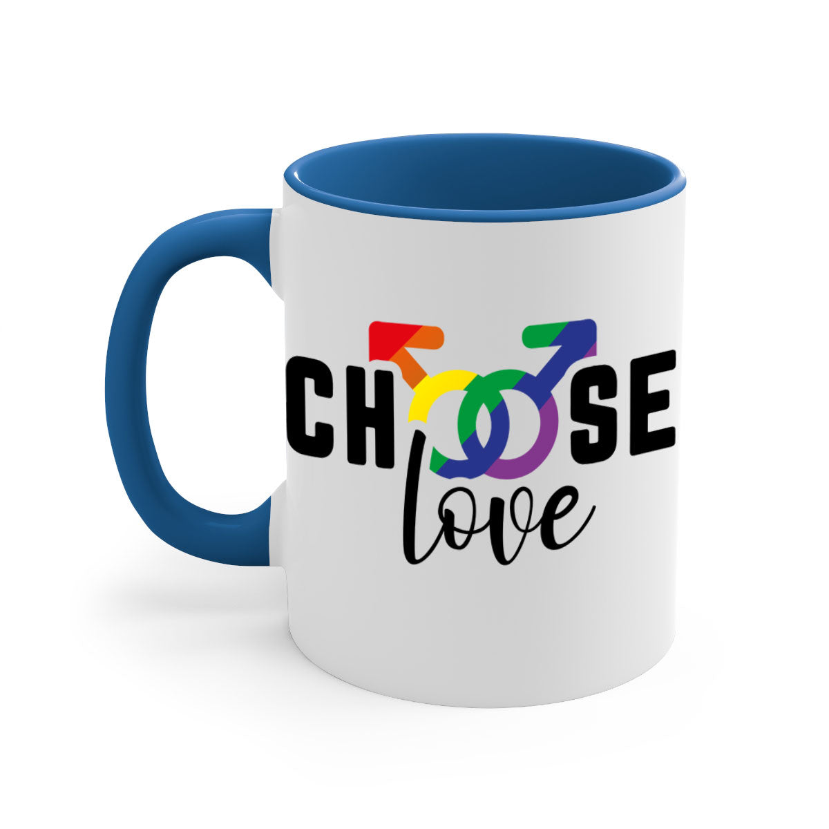 A vibrant chooselove 151# LGBT Mug featuring a colored handle and interior, showcasing a glossy finish, perfect for coffee or tea.