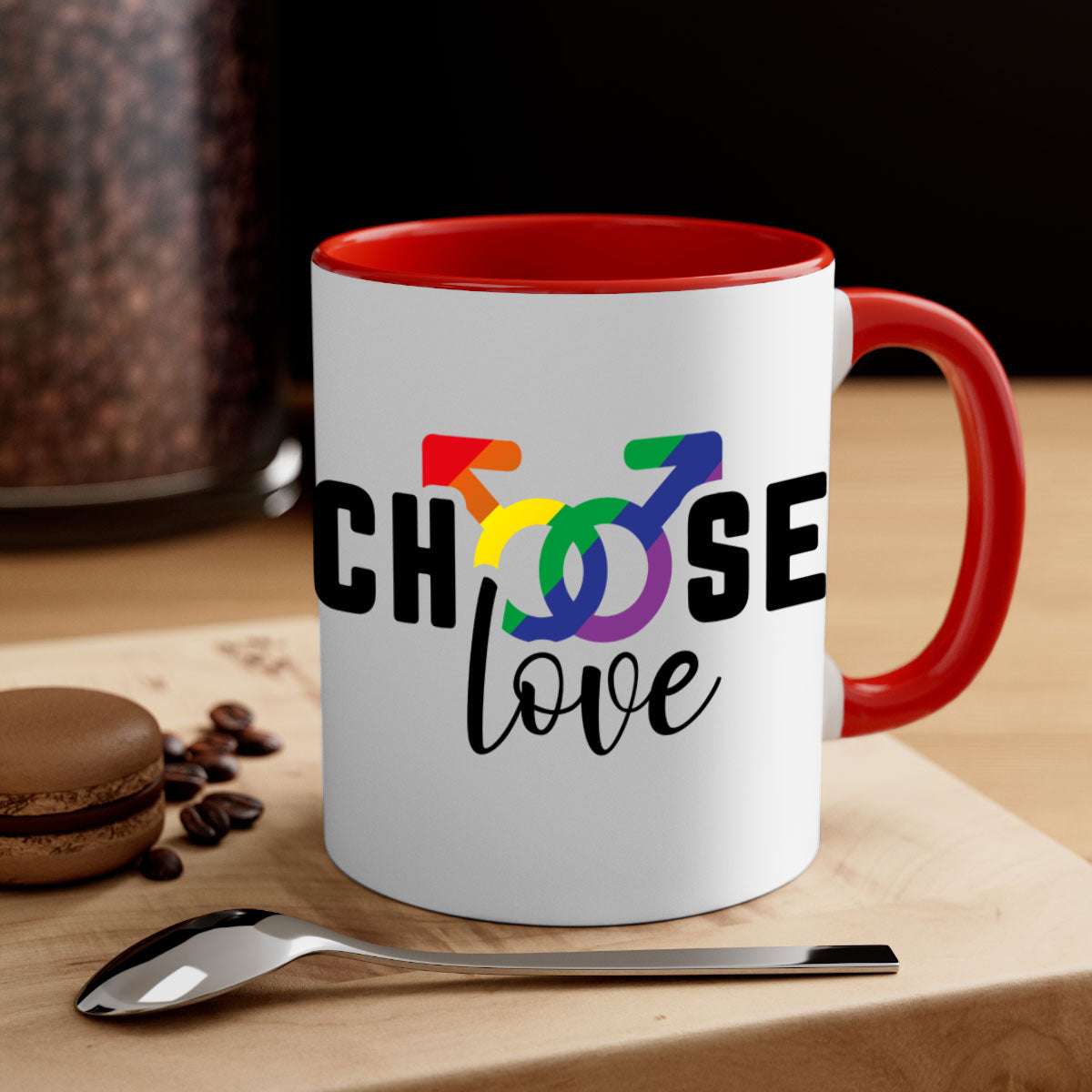A vibrant chooselove 151# LGBT Mug featuring a colored handle and interior, showcasing a glossy finish, perfect for coffee or tea.