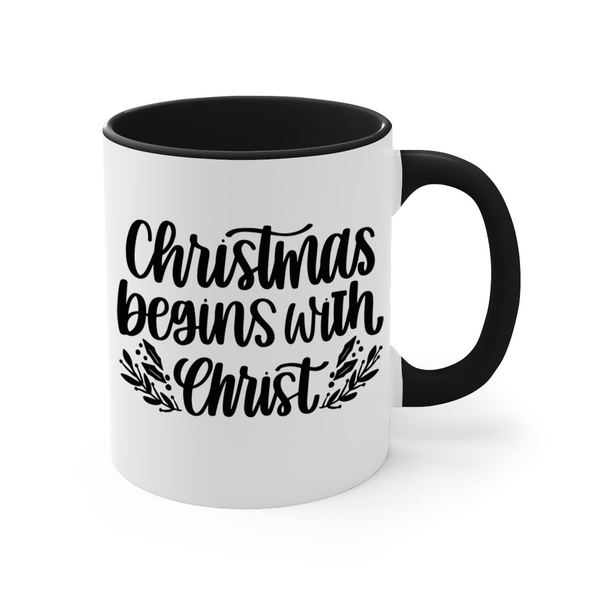 Christmas Begins with Christ 203# Mug featuring a glossy finish, colored handle, and interior, available in multiple colors.