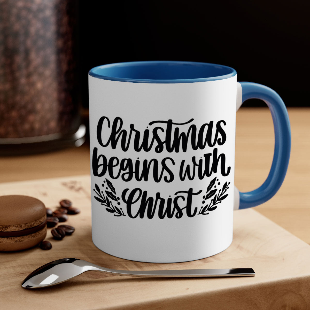 Christmas Begins with Christ 203# Mug featuring a glossy finish, colored handle, and interior, available in multiple colors.