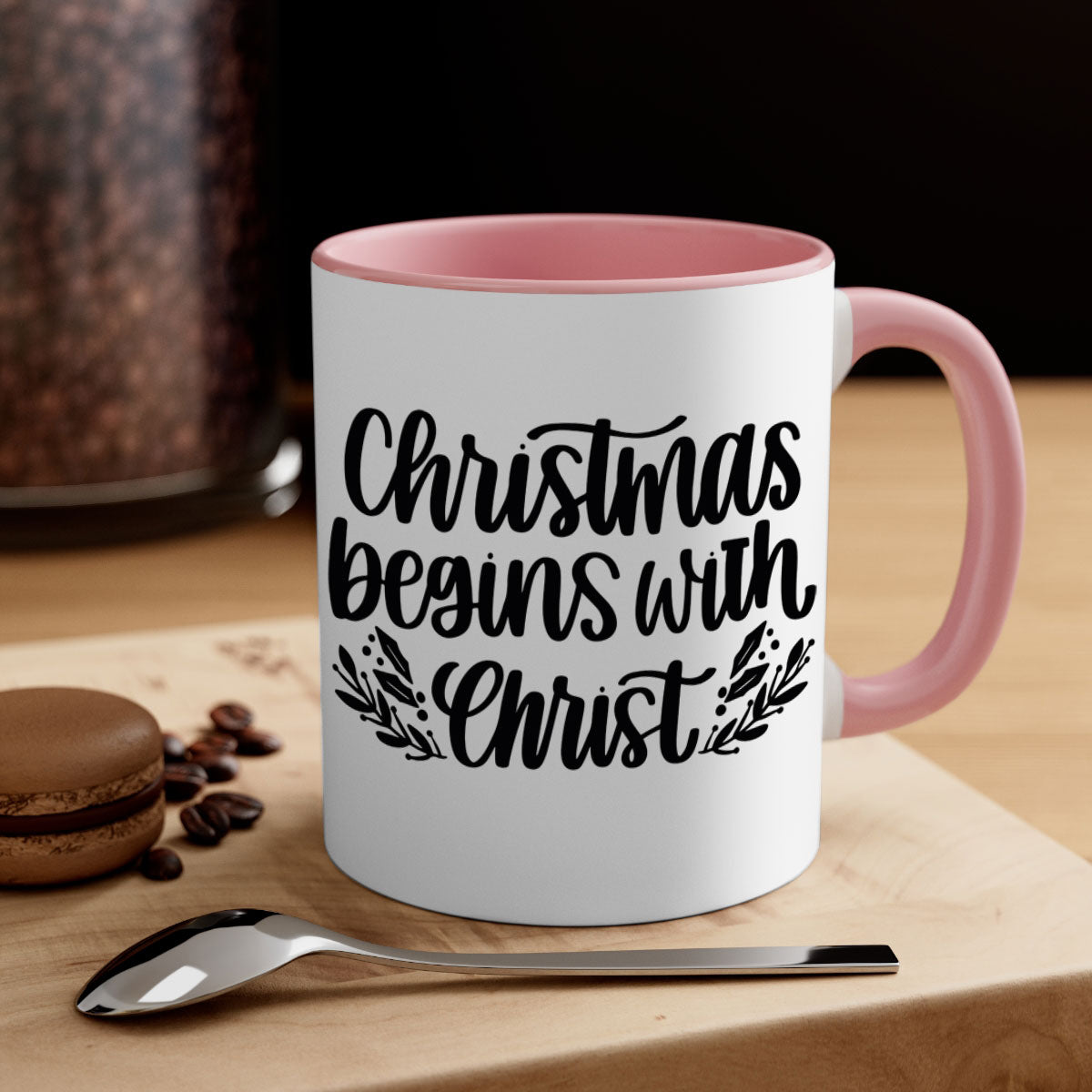 Christmas Begins with Christ 203# Mug featuring a glossy finish, colored handle, and interior, available in multiple colors.