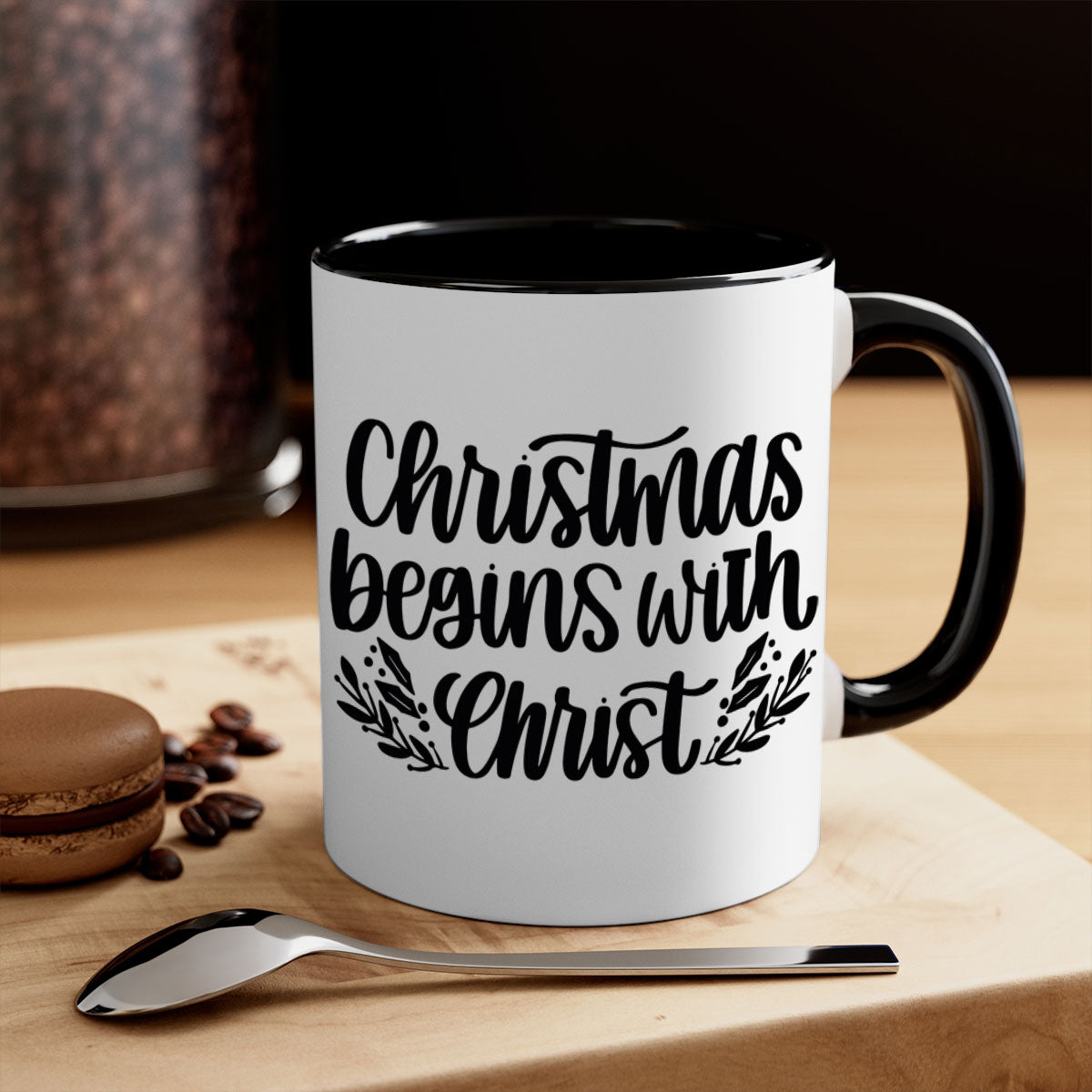 Christmas Begins with Christ 203# Mug featuring a glossy finish, colored handle, and interior, available in multiple colors.