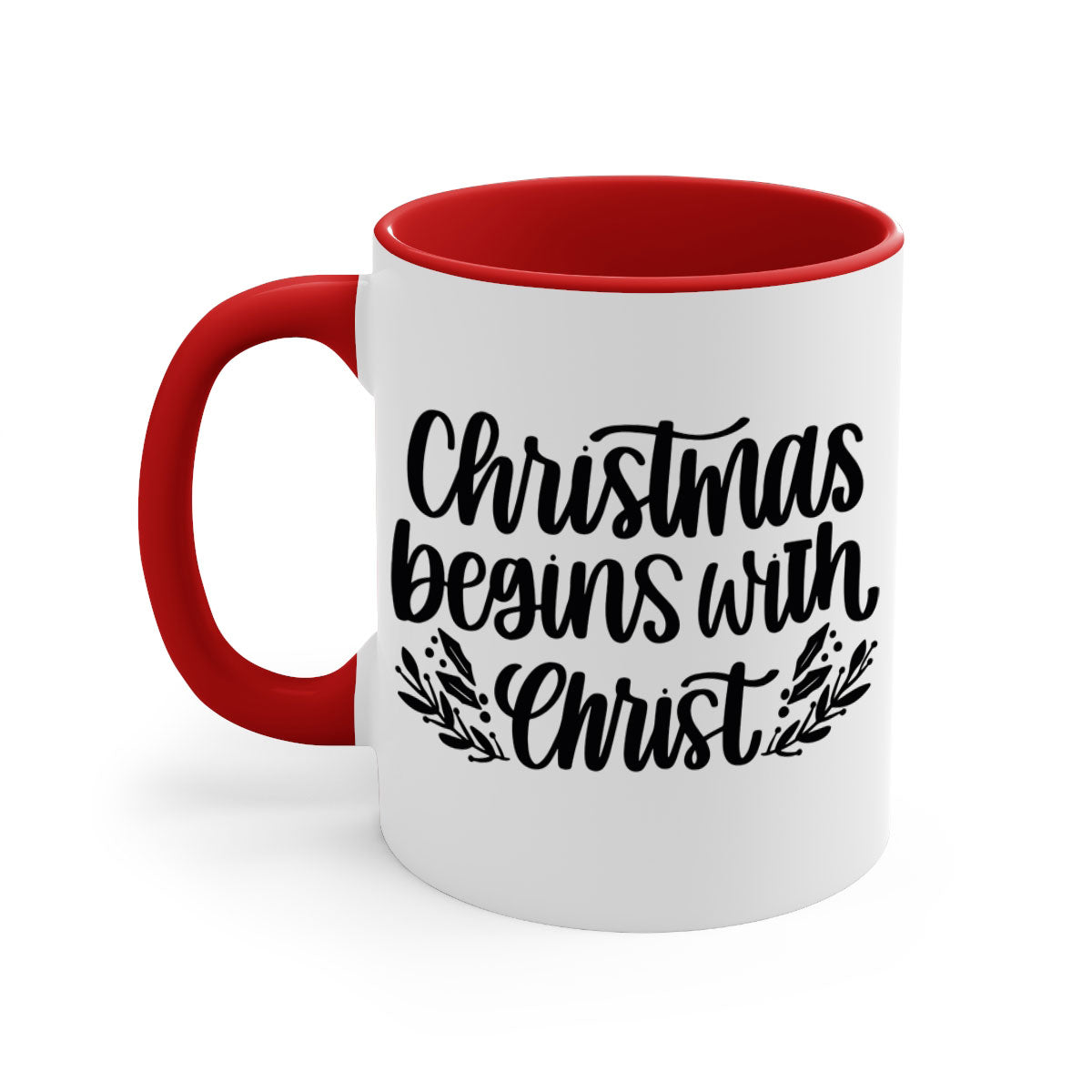 Christmas Begins with Christ 203# Mug featuring a glossy finish, colored handle, and interior, available in multiple colors.