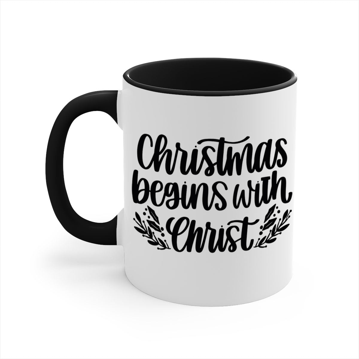 Christmas Begins with Christ 203# Mug featuring a glossy finish, colored handle, and interior, available in multiple colors.
