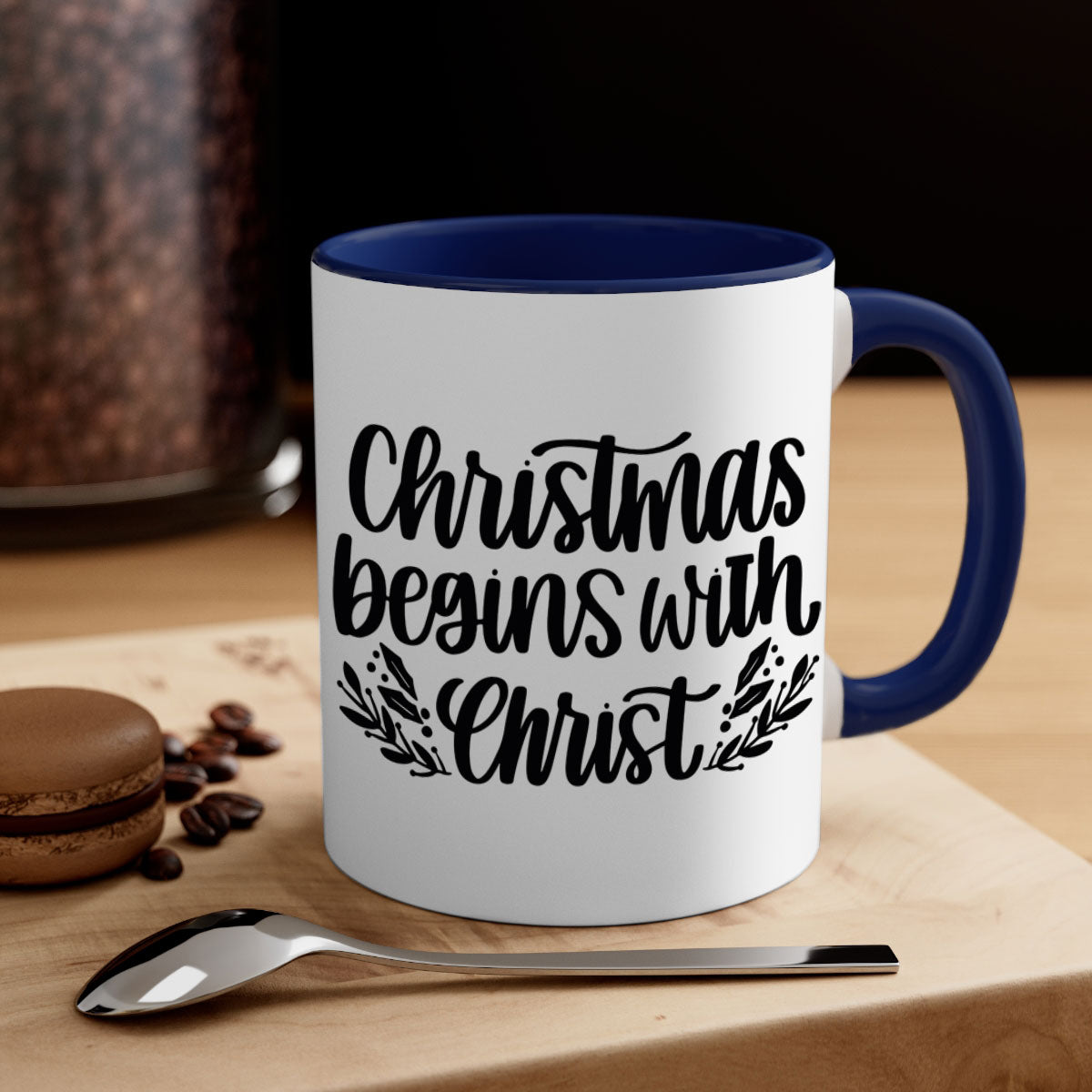 Christmas Begins with Christ 203# Mug featuring a glossy finish, colored handle, and interior, available in multiple colors.