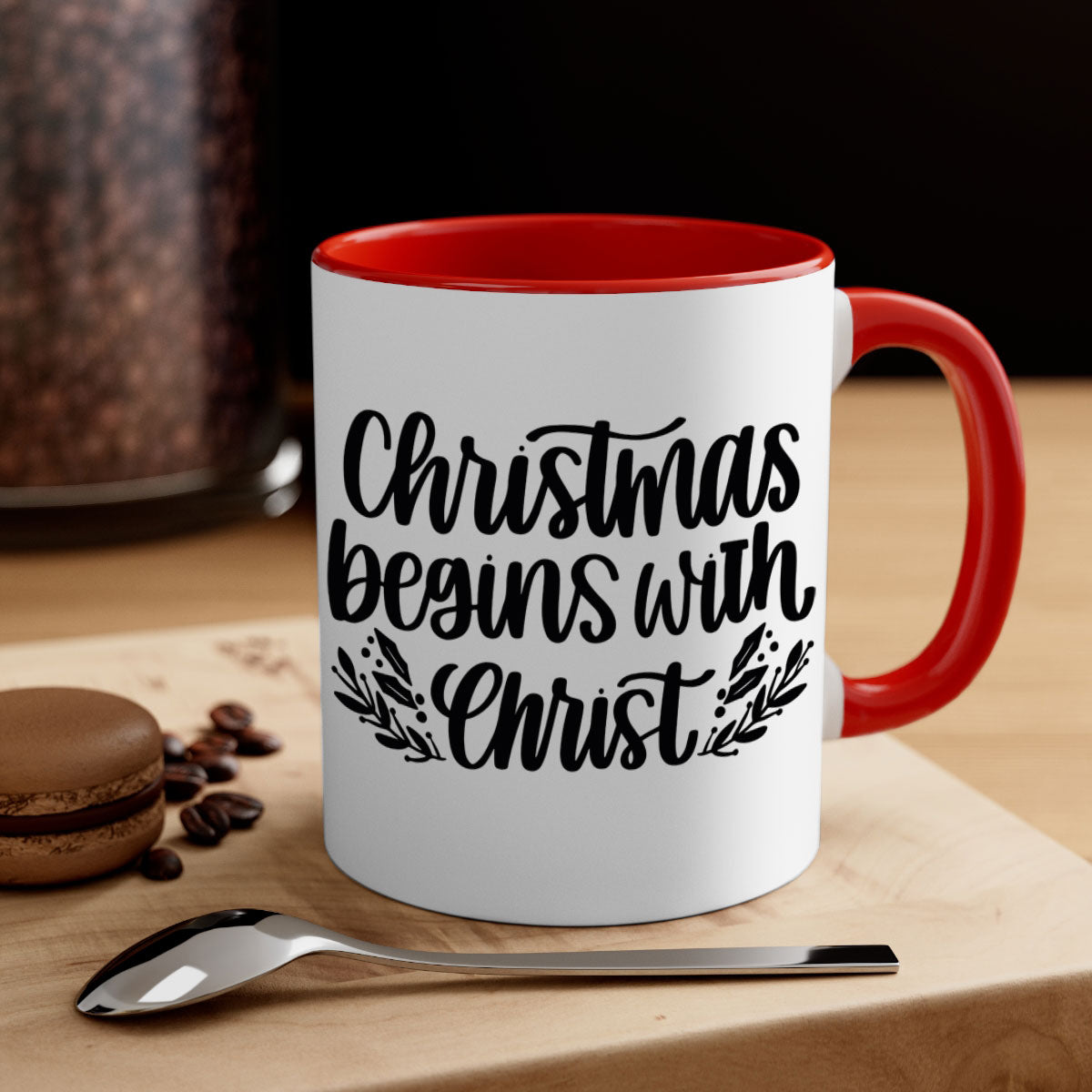 Christmas Begins with Christ 203# Mug featuring a glossy finish, colored handle, and interior, available in multiple colors.