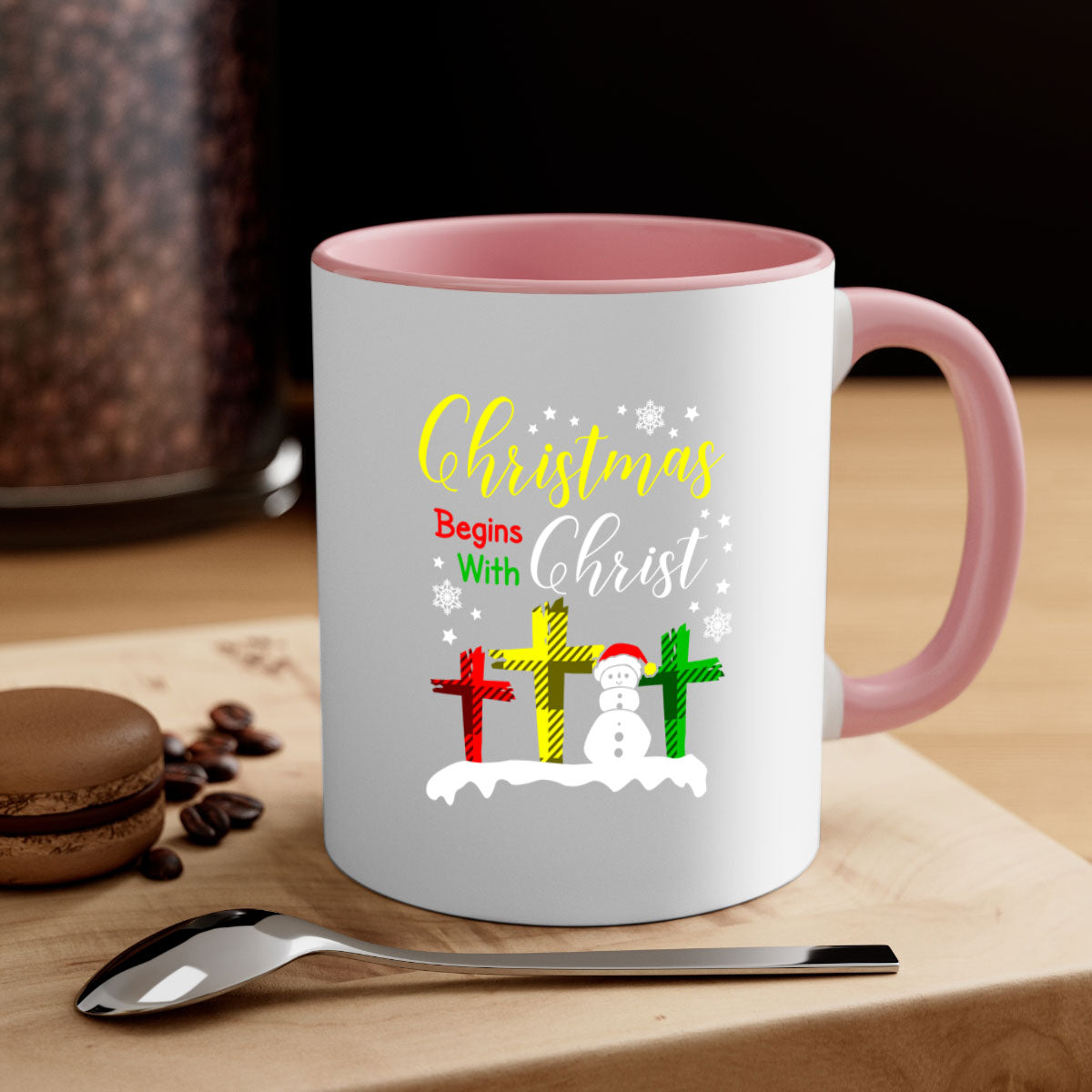 Christmas Begins with Christ Style 97# Mug featuring a glossy finish and colorful handle, perfect for coffee or tea.