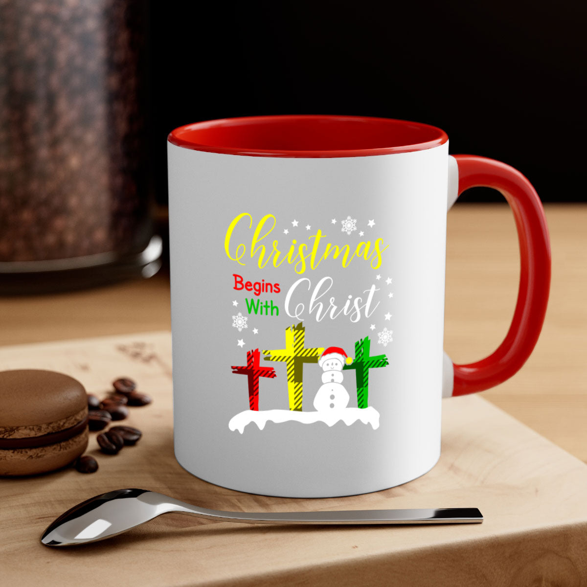 Christmas Begins with Christ Style 97# Mug featuring a glossy finish and colorful handle, perfect for coffee or tea.