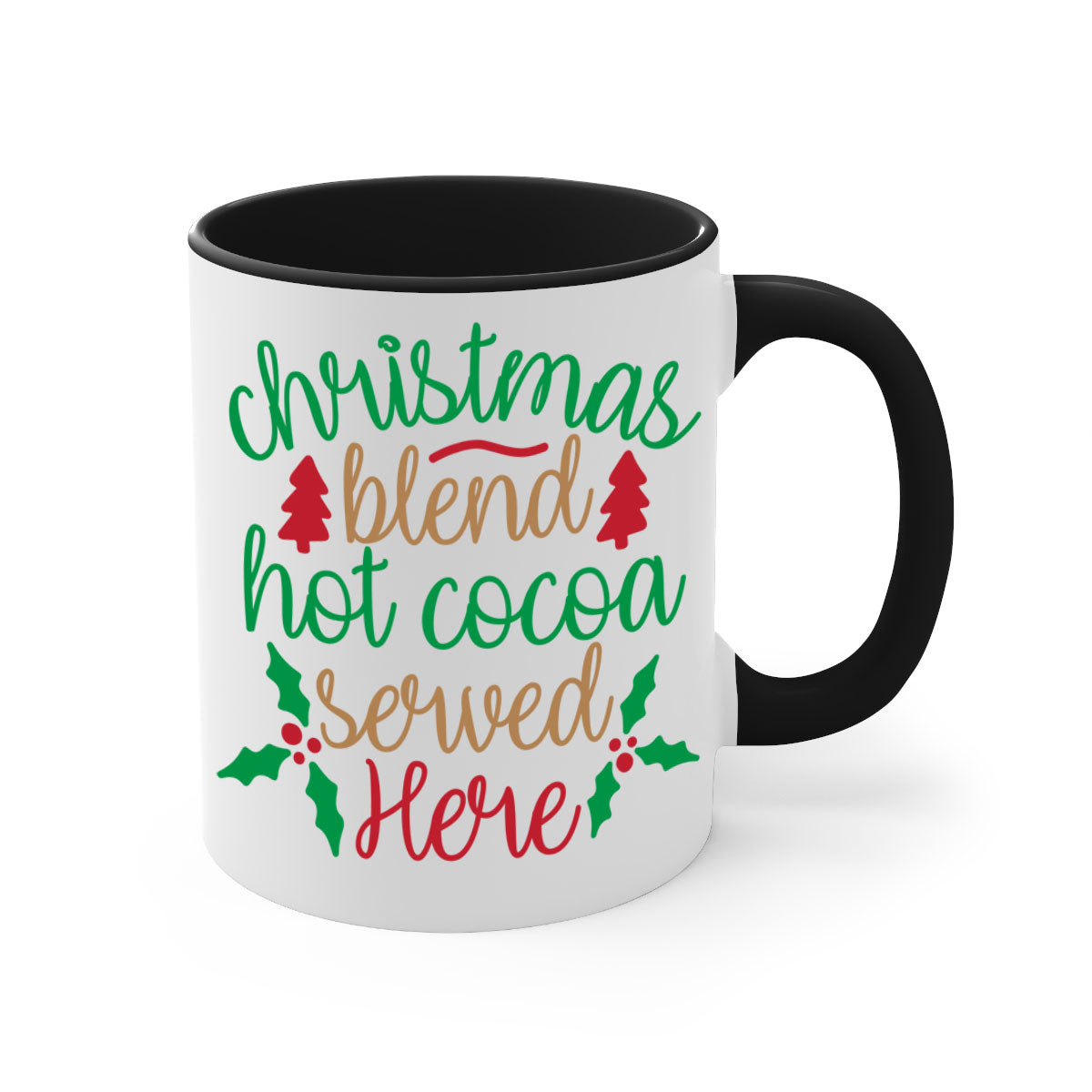 A festive two-tone Christmas Blend Hot Cocoa Mug with a colored handle and glossy finish, perfect for holiday beverages.