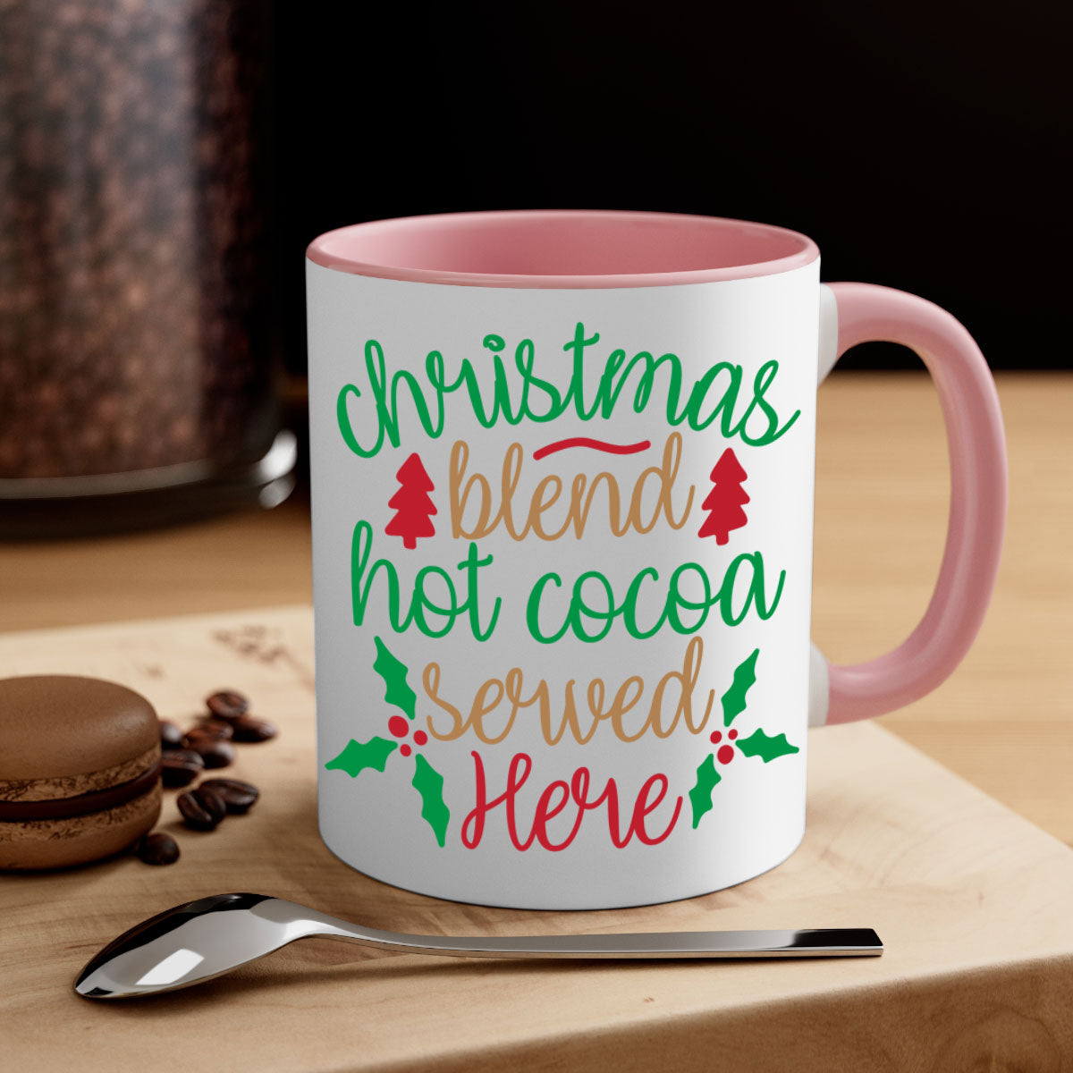 A festive two-tone Christmas Blend Hot Cocoa Mug with a colored handle and glossy finish, perfect for holiday beverages.