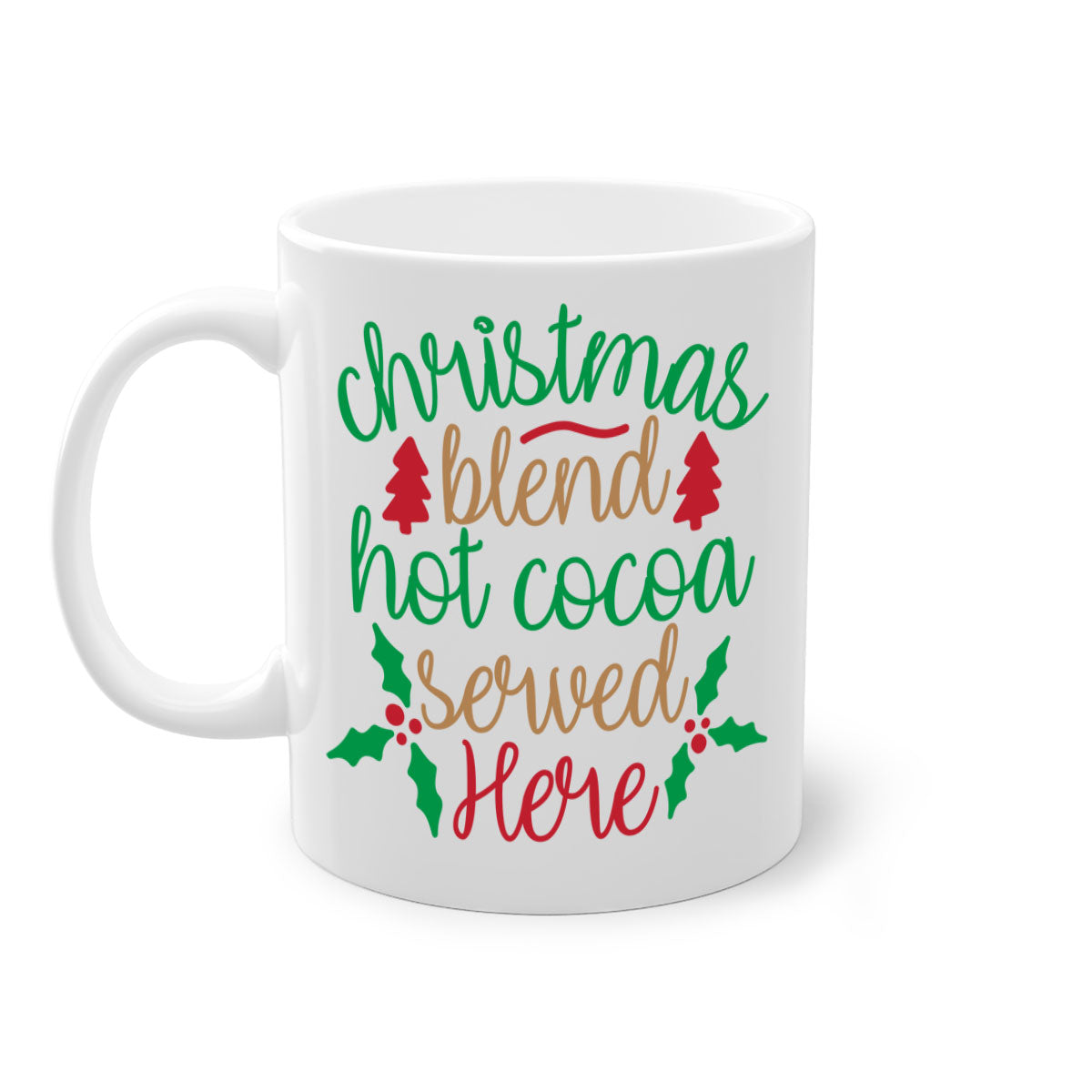 A festive two-tone Christmas Blend Hot Cocoa Mug with a colored handle and glossy finish, perfect for holiday beverages.