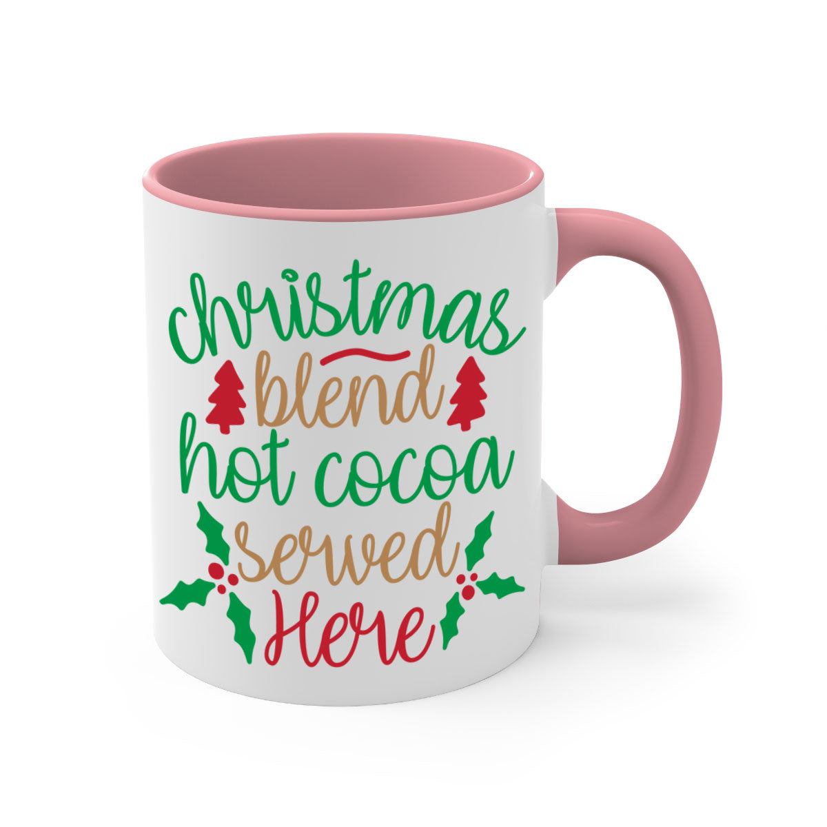 A festive two-tone Christmas Blend Hot Cocoa Mug with a colored handle and glossy finish, perfect for holiday beverages.
