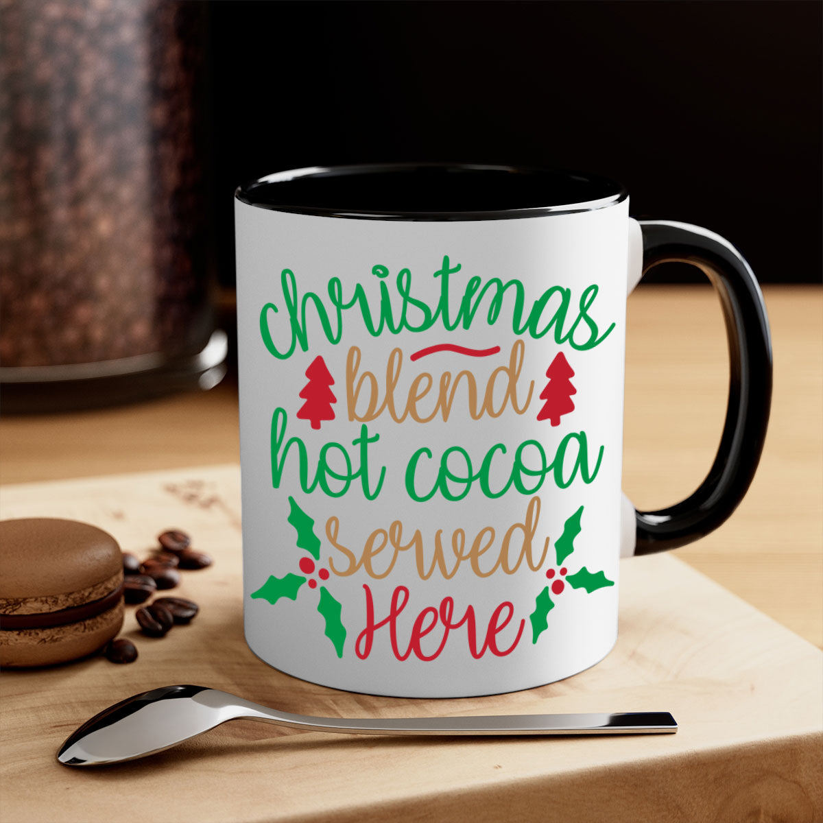 A festive two-tone Christmas Blend Hot Cocoa Mug with a colored handle and glossy finish, perfect for holiday beverages.