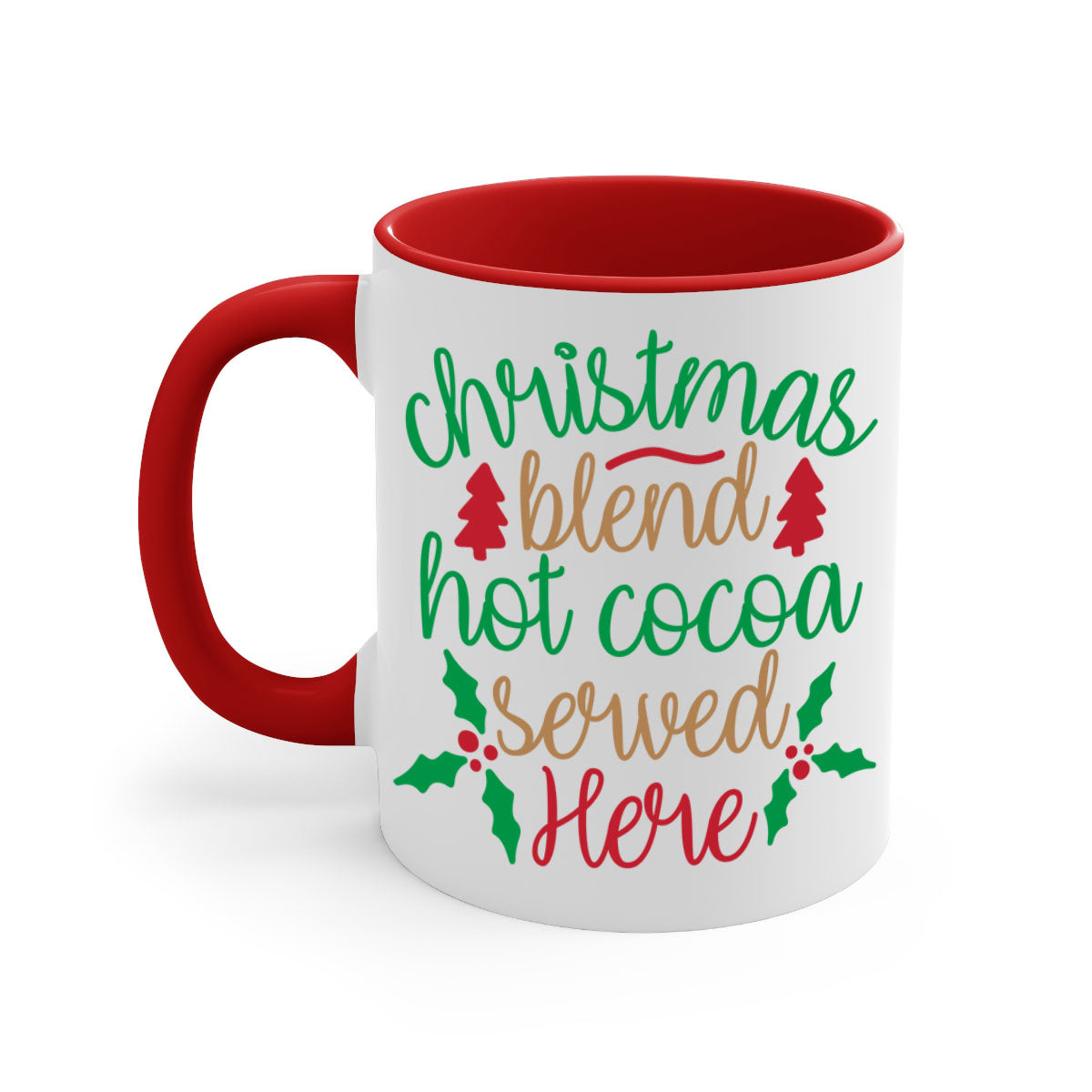 A festive two-tone Christmas Blend Hot Cocoa Mug with a colored handle and glossy finish, perfect for holiday beverages.
