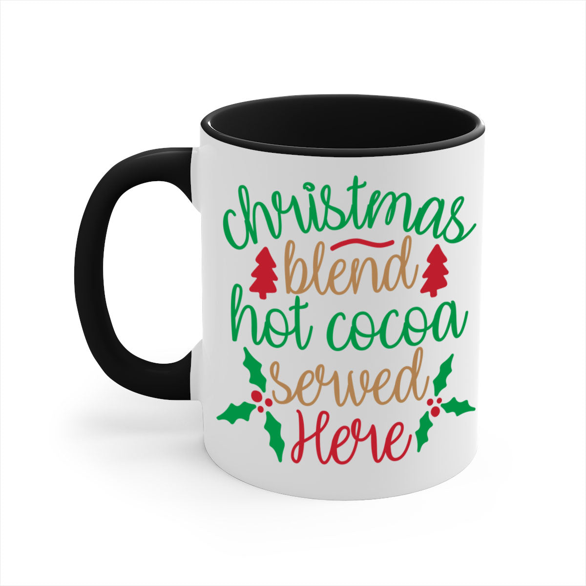 A festive two-tone Christmas Blend Hot Cocoa Mug with a colored handle and glossy finish, perfect for holiday beverages.