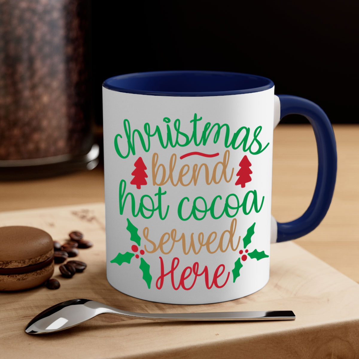 A festive two-tone Christmas Blend Hot Cocoa Mug with a colored handle and glossy finish, perfect for holiday beverages.