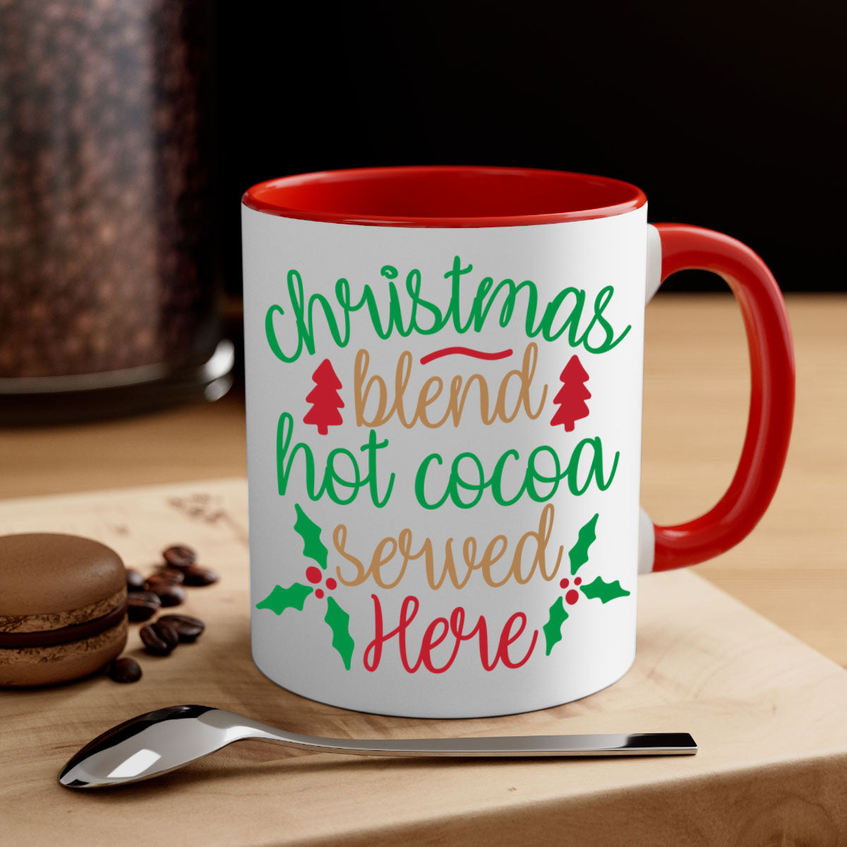 A festive two-tone Christmas Blend Hot Cocoa Mug with a colored handle and glossy finish, perfect for holiday beverages.