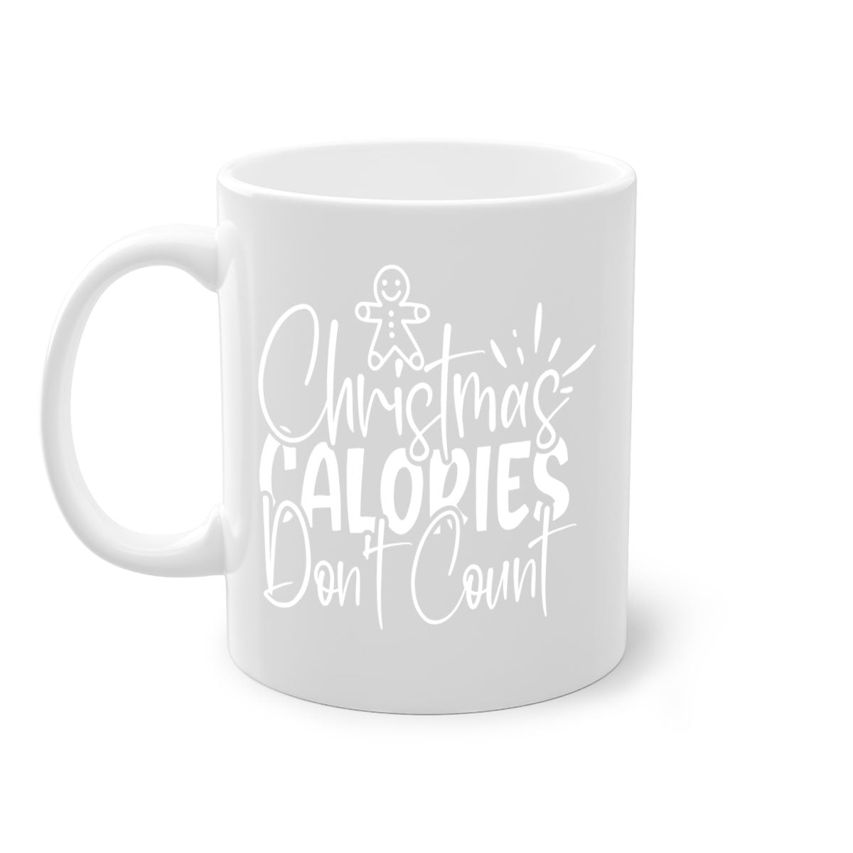 Two-tone Christmas mug with 'Christmas Calories Don't Count' slogan, featuring a colored handle and glossy finish.