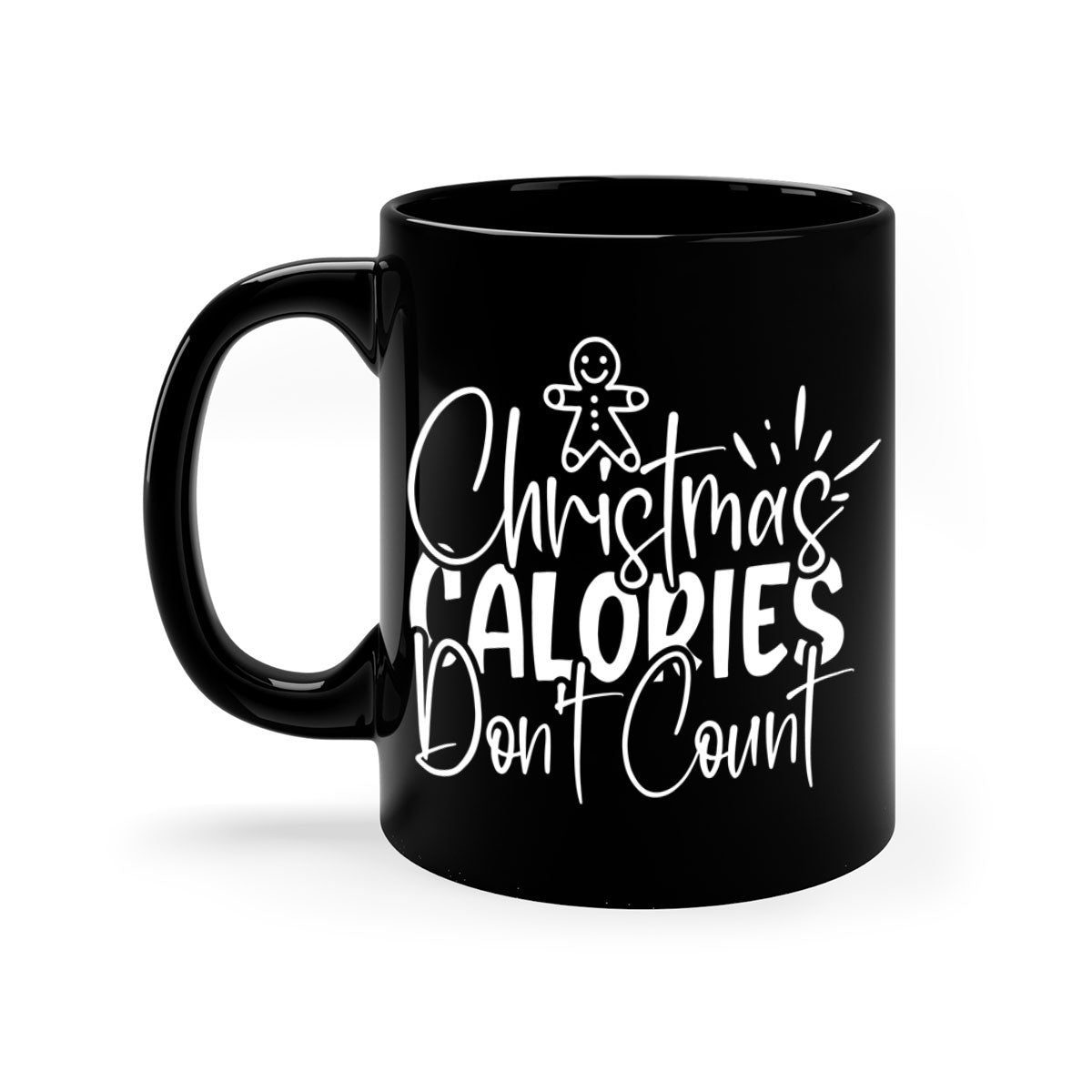Two-tone Christmas mug with 'Christmas Calories Don't Count' slogan, featuring a colored handle and glossy finish.