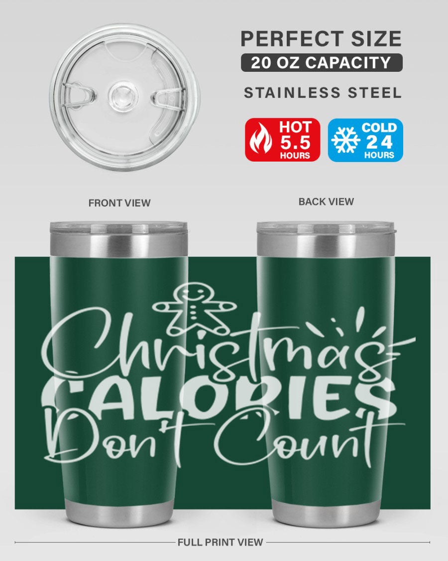 Christmas Calories Don't Count 45# Tumbler in stainless steel with festive design, perfect for hot and cold beverages.
